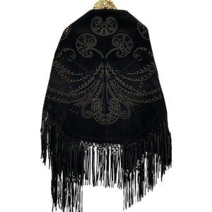 Large Black Suede Cut Out Shawl Brass Grommets & Fringe  NWT